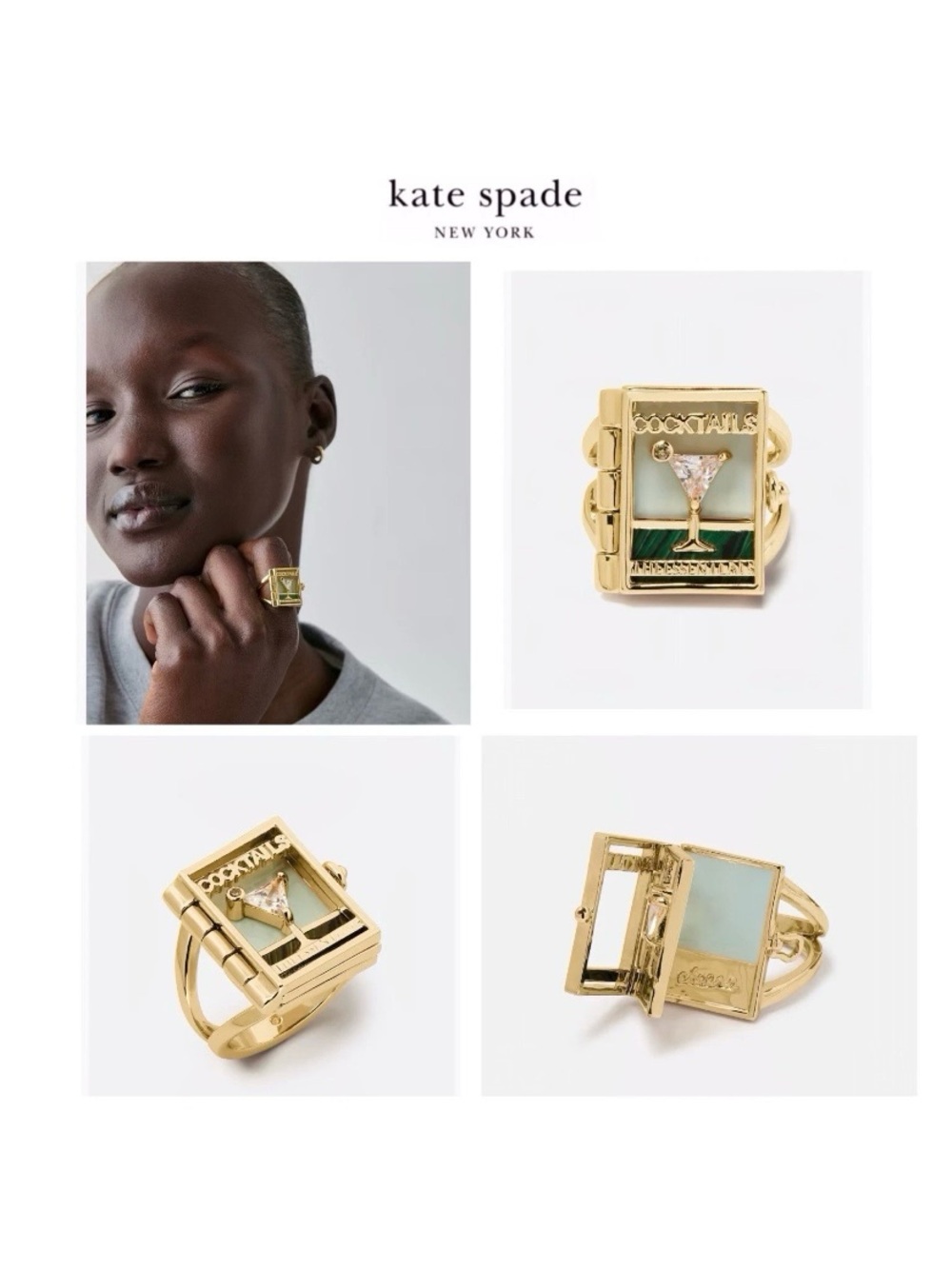 NWT Kate Spade ♠️ PAGE TURNER BOOK 12-K Gold Plated Glass Stone Cocktail Ring